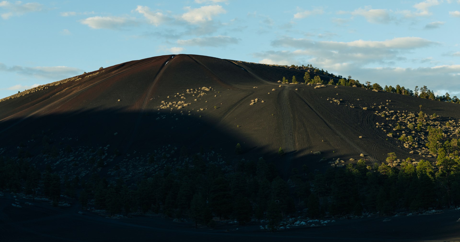 Alpenlandschap bij zonsondergang met donkere hellingen en dennenbos – indrukwekkend berglandschap.
