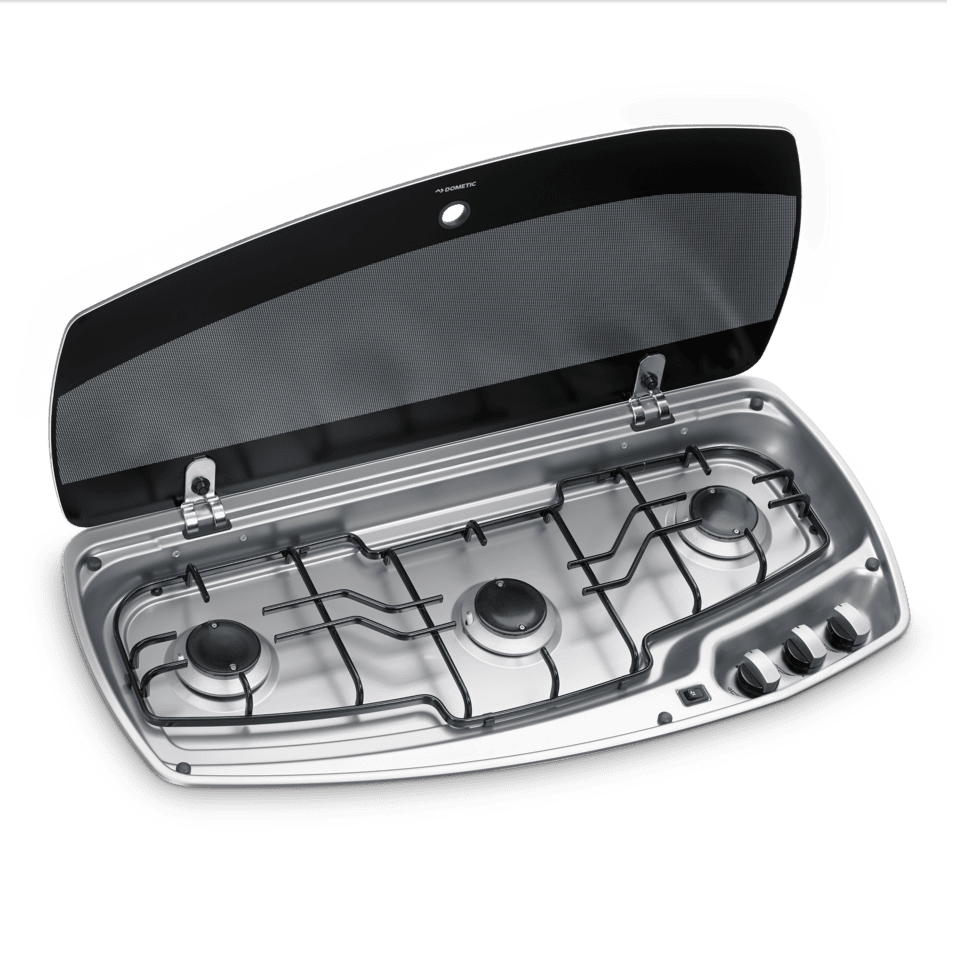 Dometic HBG 3341 Plan de cuisson à trois feux à gaz avec couvercle en verre, 689 x 341 mm Dometic HBG 3341 Plan de cuisson à trois feux à gaz avec couvercle en verre, 689 x 341 mm