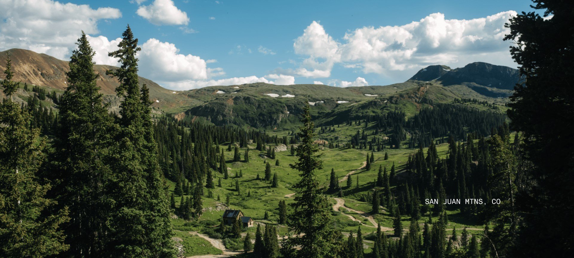 Looking out in green land with trees and mountains in the horizon.